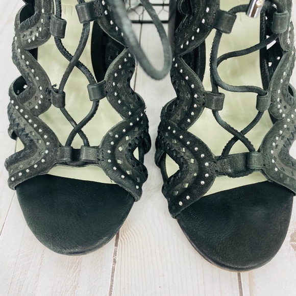 1. State Black Leather Cage Block Heel Lace Up Open Toe Studded Sandal Size 5.5 - Picture 5 of 8